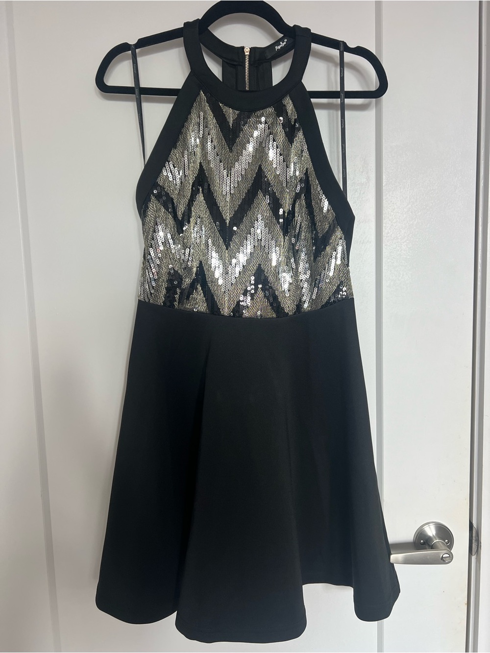 Papaya Black Skater Dress with Silver and Gold Sequin Chevron Bodice